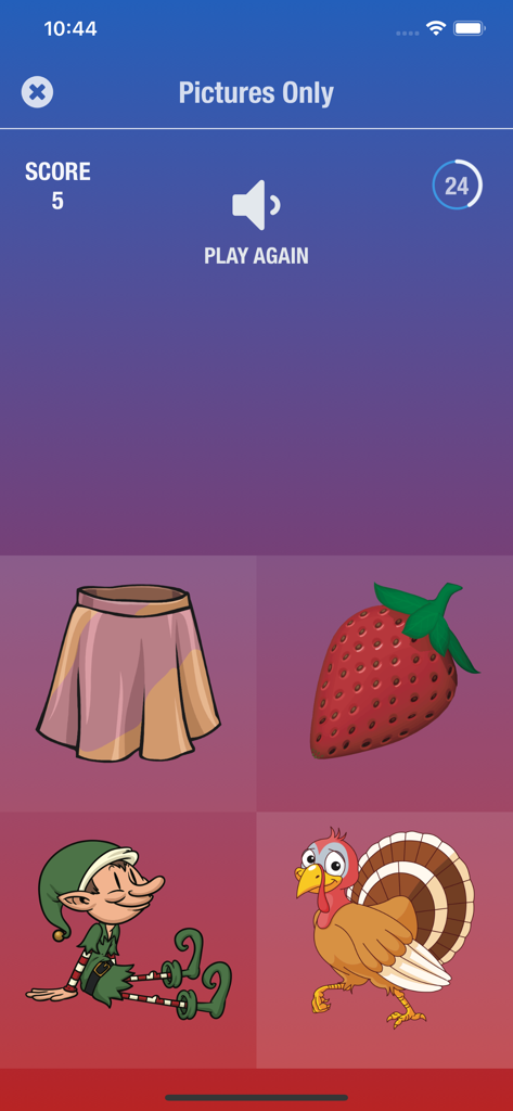 Russian Alphabet - Schermata del quiz dell'app Alfabeto Russo che mostra un contatore di punteggio e quattro immagini di cartoni animati per un esercizio di ascolto.