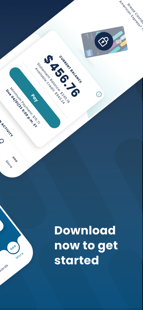 Bread Financial mobile App, die den aktuellen Saldo und die Pay-Schaltfläche anzeigt