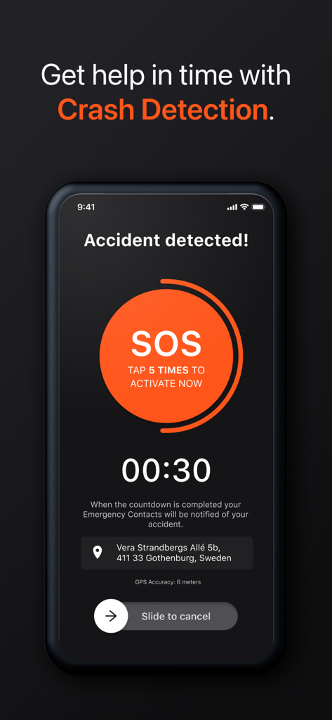 Detecht - Motorcycle App & GPS - Detecht App-Oberfläche, die eine automatische Sturzerkennungsbenachrichtigung mit einem Countdown-Timer und einer SOS-Taste anzeigt.