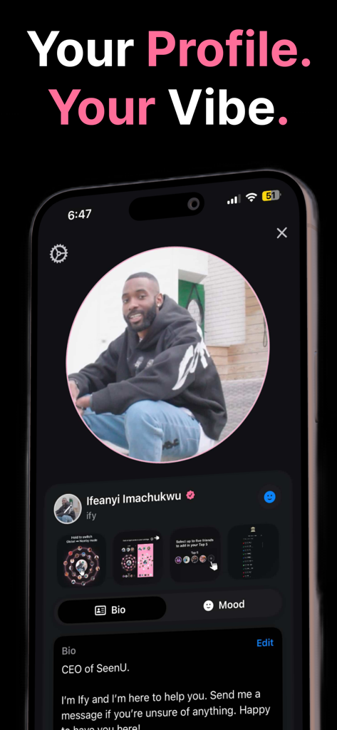 SeenU - SeenU mobile app profile interface with the heading Your Profile Your Vibe