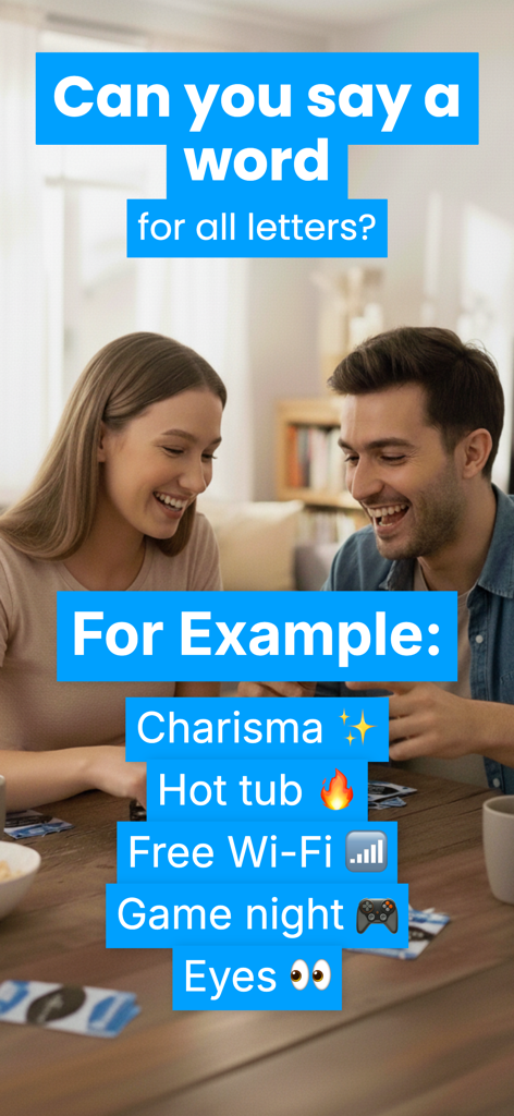 Tap Words Game - A smiling young couple playing the Tap Words word game together during a social game night