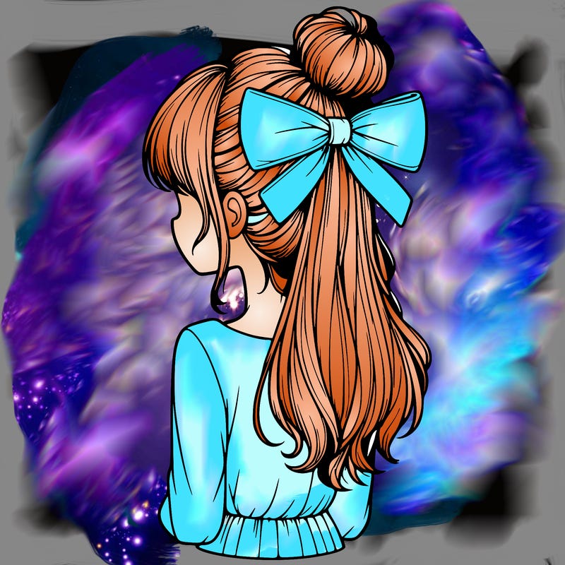 realistic girl  with hip length hair a bun and a big bow on the back of head