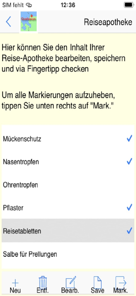 Cuxhaven App für den Urlaub - Mobile interface of a travel pharmacy checklist within the Cuxhaven holiday app