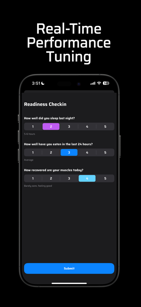 Schermata di check-in di prontezza nell'app LiftLab per tracciare il sonno e il recupero muscolare