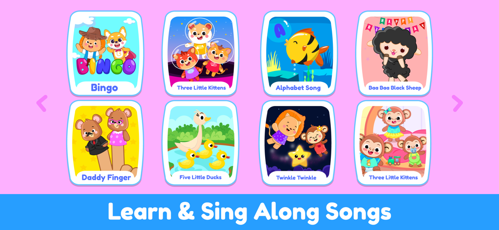 Kids Nursery Rhymes & Songs 1+ - Pantalla de la aplicación que muestra una colección de rimas infantiles y canciones interactivas para pequeños.