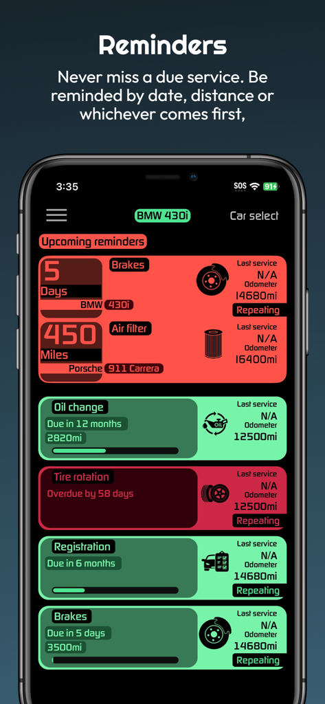 Autolog: Car app - Autolog app screen showing car maintenance reminders for brakes oil change and tire rotation with due dates and mileage