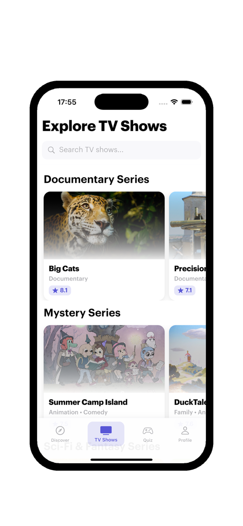 Cintraily - Movies & Shows - Capture d'écran de la page d'exploration de l'application Cintraily présentant des recommandations de séries documentaires et mystère.