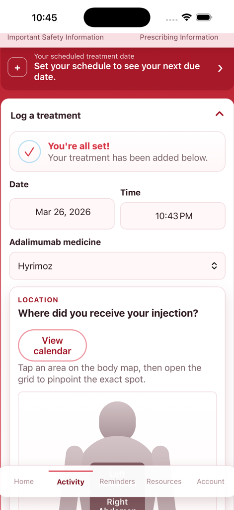 DoseTrack Injection Log - Interface of DoseTrack app showing a completed injection log for Hyrimoz with date, time, and a body map for tracking injection sites.