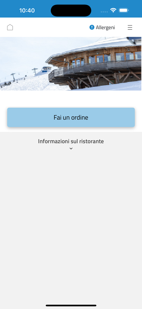 Funivie Lagorai Chalet - 산장 이미지와 주문 버튼이 있는 Funivie Lagorai Chalet 앱의 홈 화면