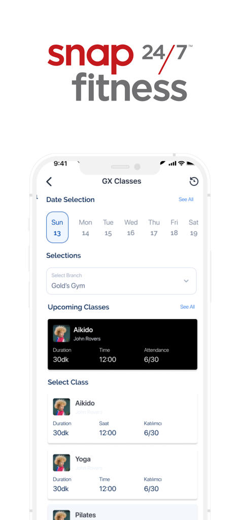Snap Fitness - Snap Fitness 앱 그룹 운동 수업 예약 인터페이스