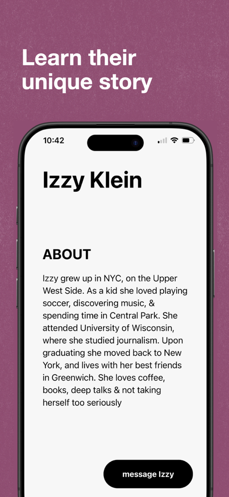 izzy & friends - Izzy Klein character biography screen in the izzy and friends app