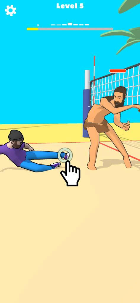 Slow Mo' Run - Jogabilidade de Slow Mo Run mostrando um jogador arrastando a perna de um personagem para criar uma pose de luta em uma quadra de praia.