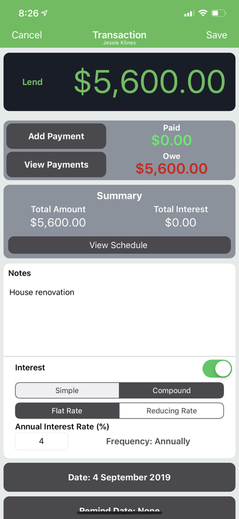 A detailed loan transaction screen in the Cash Lender app showing a 5600 dollar loan with 4 percent compound interest settings.
