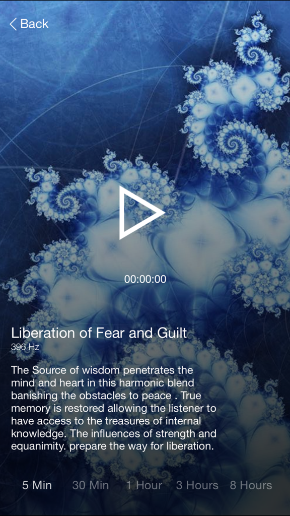 Écran du lecteur audio PinealApp montrant la piste Libération de la peur et de la culpabilité à 396 Hz