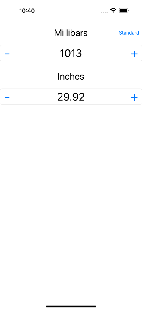 Millibar / Inches Calculator - Millibar and Inches Calculator app interface showing the conversion between 1013 millibars and 29.92 inches of mercury