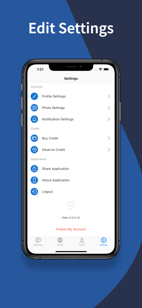 Settings menu of the Elele chat app showing profile, photo, and notification options