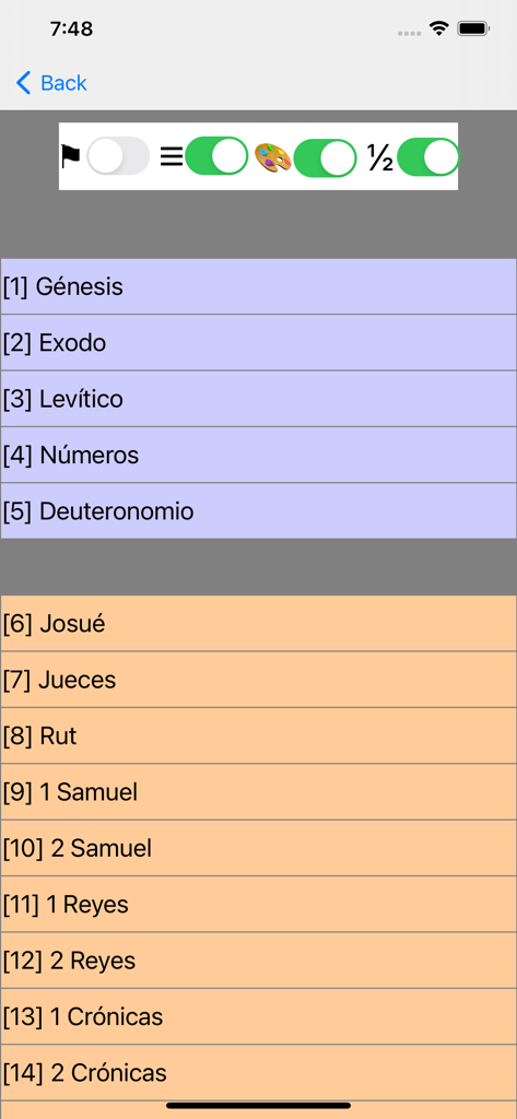 Santa Biblia Ver: Reina Valera - A list of Spanish Bible books like Genesis and Exodus in the Reina Valera app interface