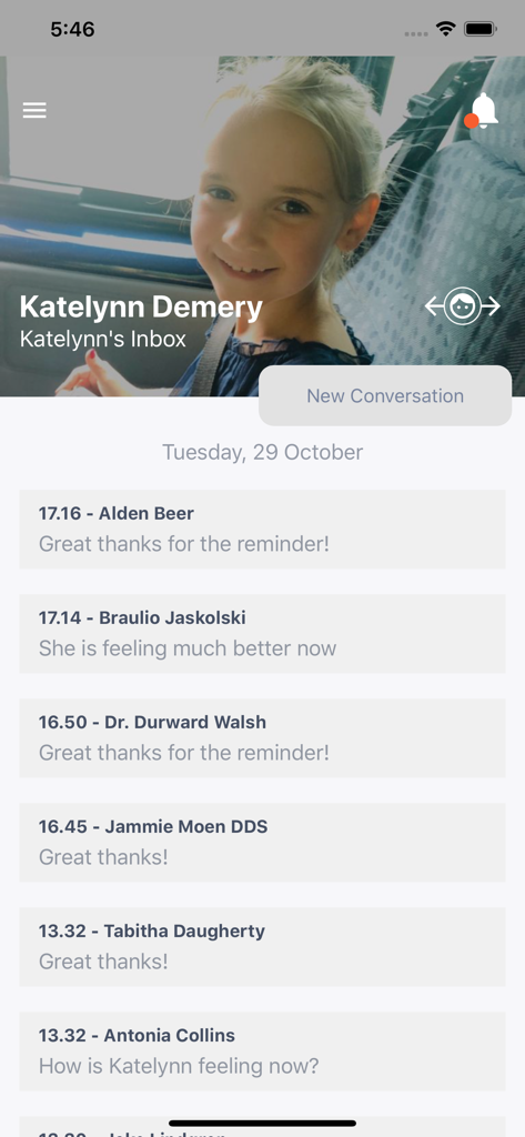 Inbox screen of the Little Vista Family app showing messages and updates about a child