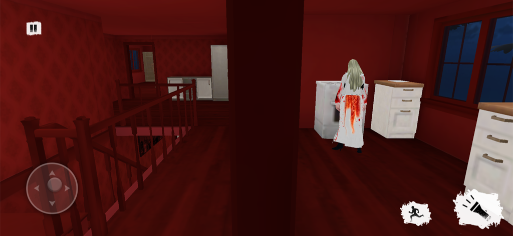 Nightmare Scary Neighbour Game - Un personaje aterrador con un vestido blanco y manchas de sangre se encuentra en una cocina con paredes rojas durante la jugabilidad.