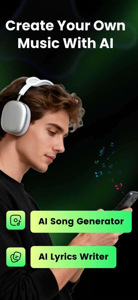AI Song Generator - Musicful - Un joven con auriculares usando la app Musicful para generar música y letras con IA en su smartphone
