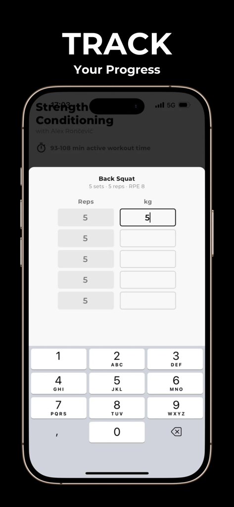 ENDUR × HYROX: Elite 15 Plans - Workout tracking interface in the ENDUR app showing back squat sets and weight logging.