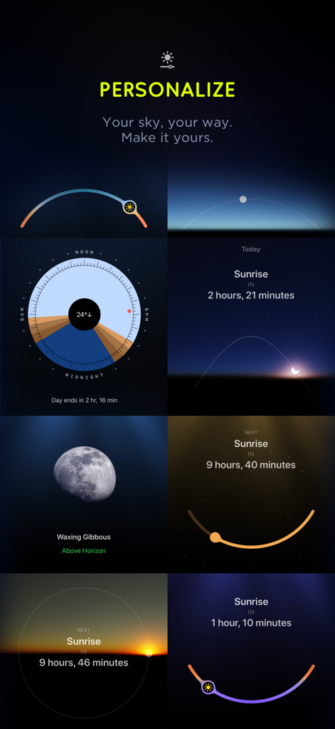 Options de tableau de bord personnalisées pour le suivi du lever et du coucher du soleil ainsi que des phases de la lune dans l'application Lumy