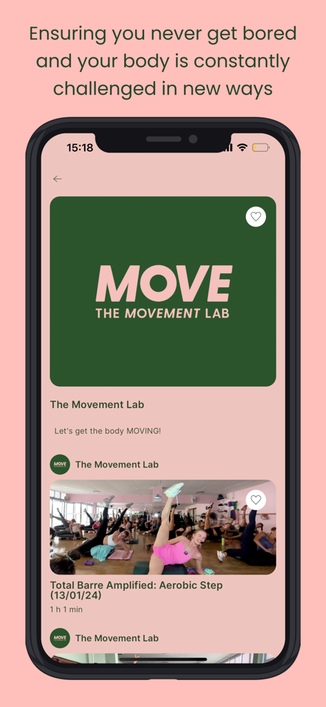 The Movement Lab On-Demand - A screenshot of The Movement Lab On-Demand app displaying a variety of Pilates and Barre video classes