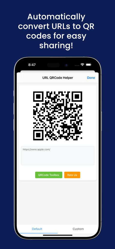iPhone screen showing the URL QRCode Helper app generating a QR code for a website address
