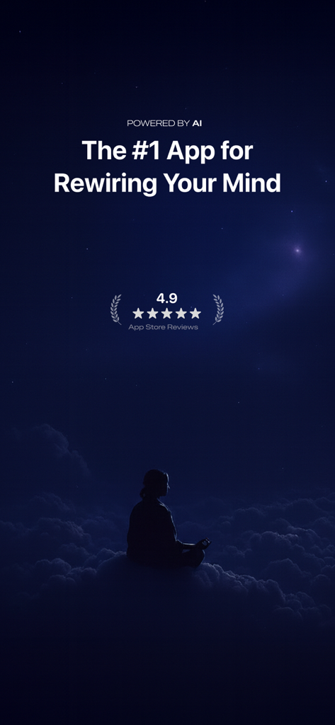 Skye - Rewire your Mind - A silhouette of a person meditating on clouds under a starry night sky with text saying 'The #1 App for Rewiring Your Mind' powered by AI.