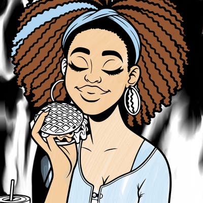 an african american woman eating a waffle burger realistic