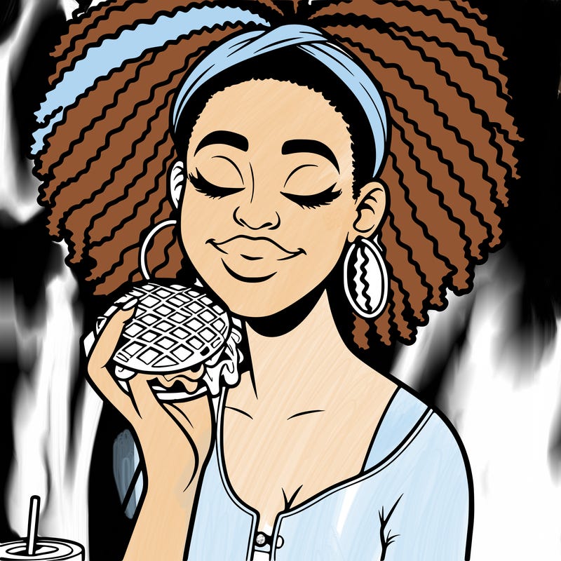 an african american woman eating a waffle burger realistic
