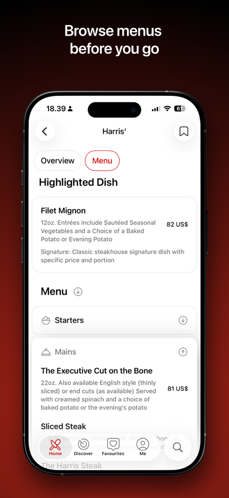 Vota-App-Oberfläche, die ein Restaurantmenü mit Gerichten und Preisen anzeigt