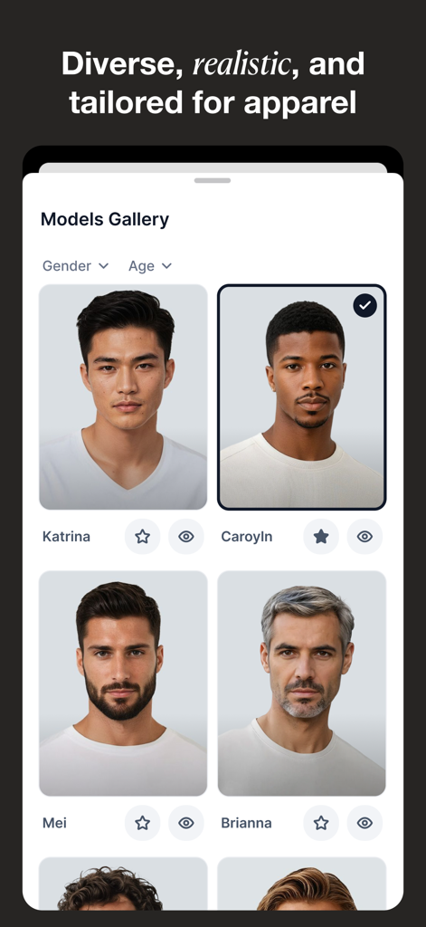 A gallery of diverse and realistic AI models for fashion apparel in the Botika app
