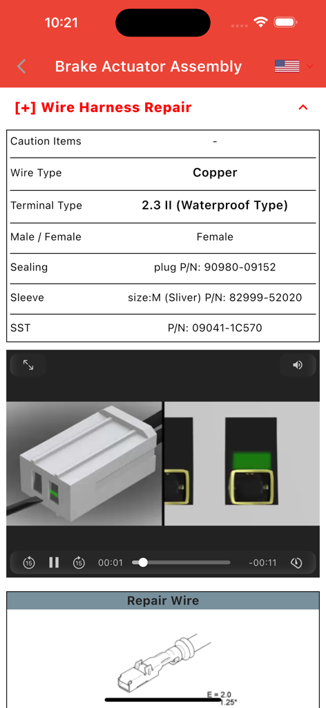TOYODATA - Technical repair guide for a Toyota brake actuator wire harness showing part numbers and diagrams in the TOYODATA app
