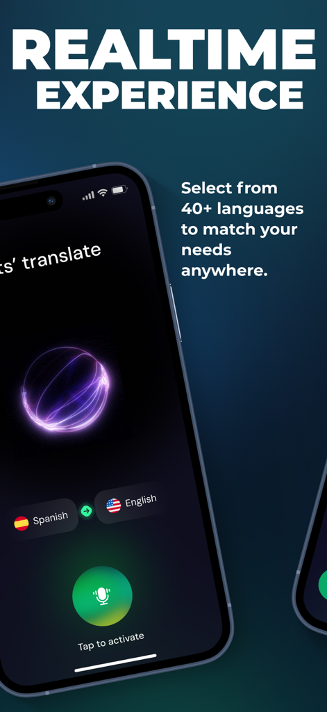 Air Translate app interface displaying real time language translation from Spanish to English with a voice activation button