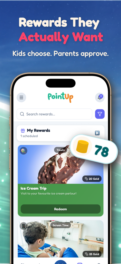 PointUp: Kids Chore Tracker - Interfaz de recompensas de la aplicación PointUp que muestra a los niños opciones para canjear monedas de oro por golosinas como un viaje a tomar un helado y tiempo de pantalla