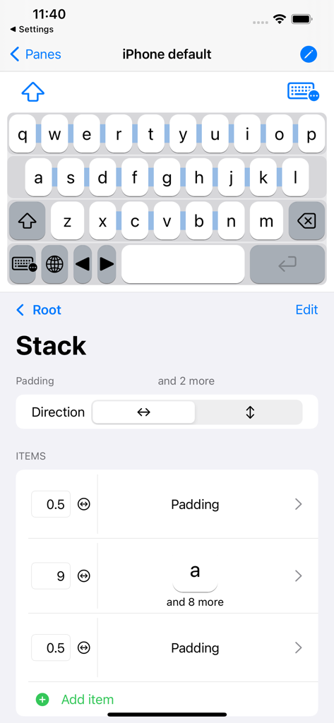 Keybuild - Keybuildアプリのインターフェース。スタックとパディングオプションを使用したカスタムキーボードレイアウト編集を表示。