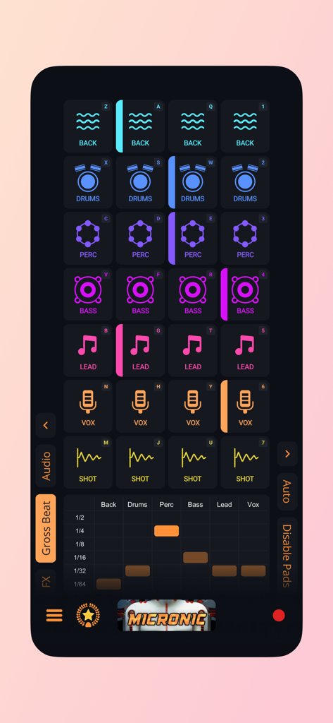 Interface of Rhythm Pads music production app featuring 24 colorful sound pads and a Gross Beat sequencer