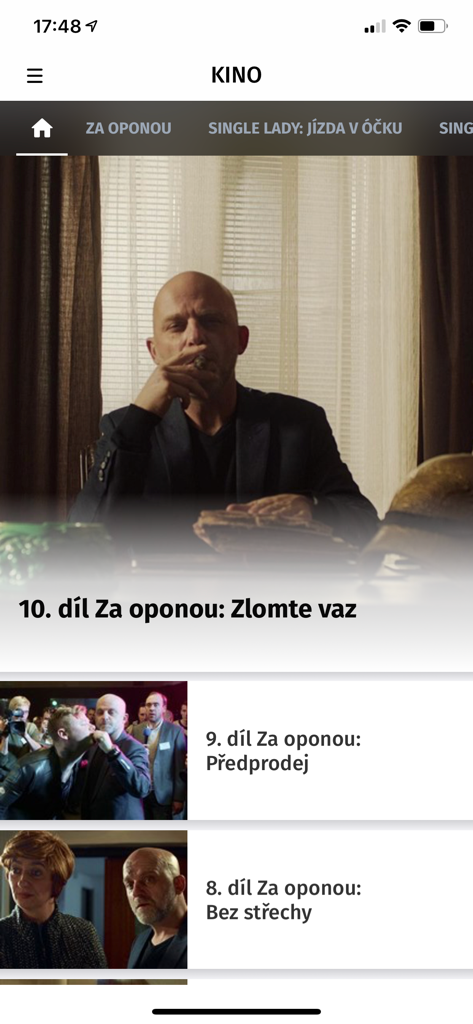 The Kino section of the iDNES.cz app featuring video series