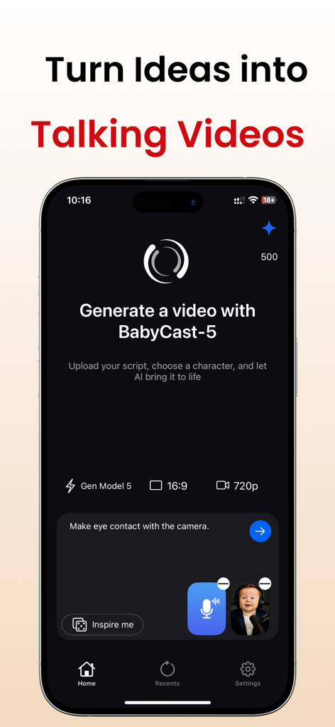 BabyCast AI - Video Generator - Interfaz de la aplicación móvil BabyCast AI mostrando herramientas para crear videos parlantes a partir de fotos.