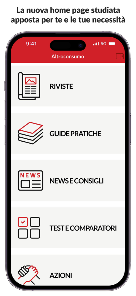 Altroconsumo - Schermata iniziale dell'app Altroconsumo che mostra il menu di navigazione con opzioni per riviste, guide pratiche e test di prodotti