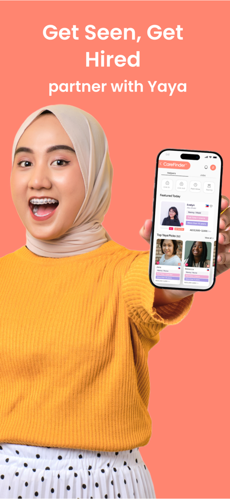 Yaya: Find a Nanny - 女性がYayaアプリでケア提供者のプロフィールと検索フィルターを表示したスマートフォンを手に持っています。
