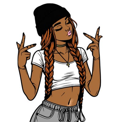 realistic teenage girl with braids and a beanie and crop top doing 🫶🏼