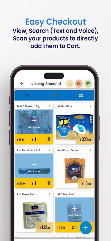 Just Billing POS Point of Sale - Mobile POS app interface showing a grid of retail products with prices and add to cart buttons for quick billing.