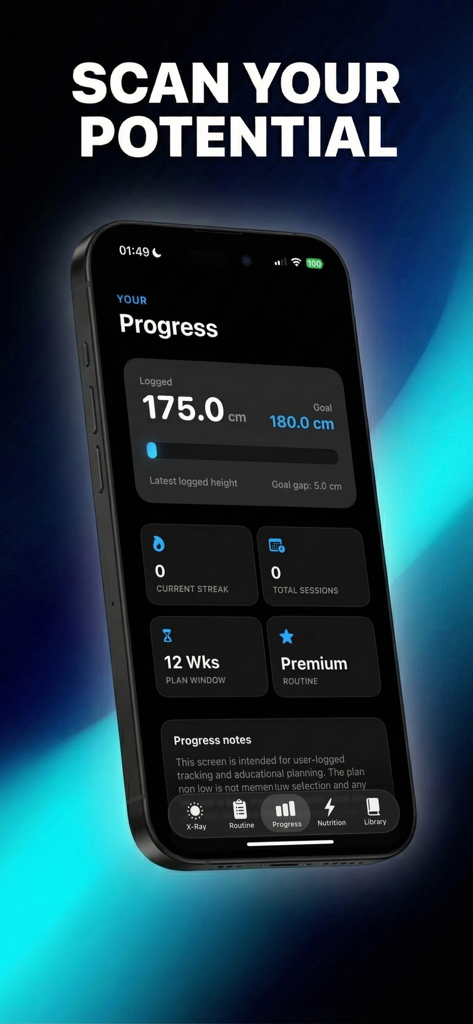 Grow Tall app screenshot showing height progress tracking and goals