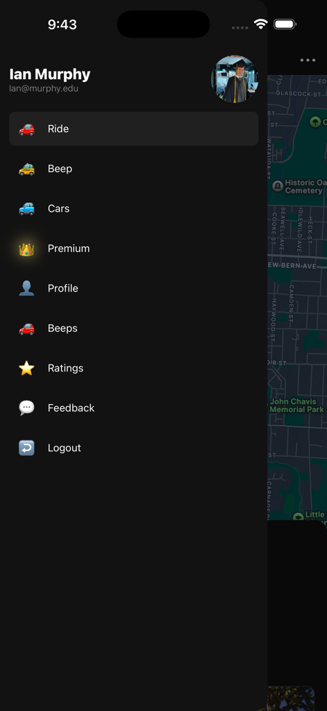 Ride Beep App - Ride Beep App navigation menu with user profile and service options including Ride Beep and Cars