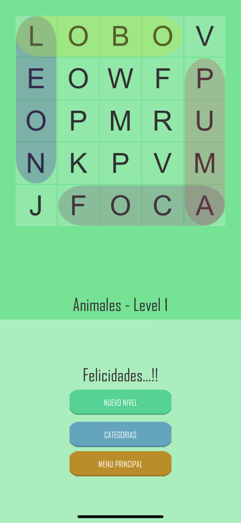 Sudokus y Sopa de Letras - 見つかった単語がハイライトされた、完成した動物パズルレベルを示すスペイン語の単語検索ゲーム画面。