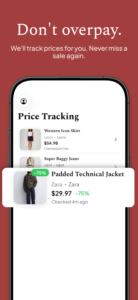 Shoppy - Fashion Search - Interfaz de la aplicación móvil Shoppy que muestra el seguimiento de precios de artículos de ropa, incluido un descuento del 75% en una chaqueta.