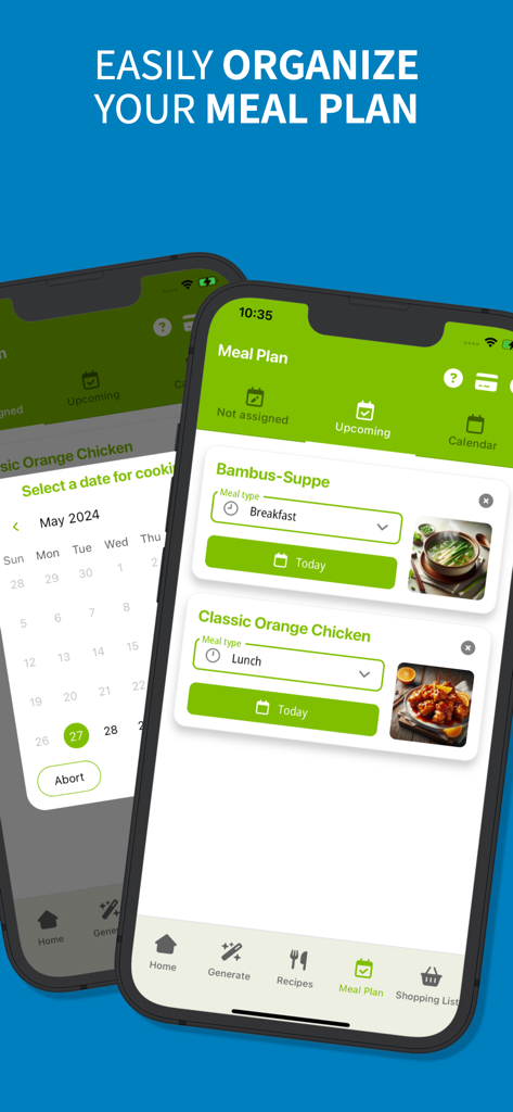 Interface of the AI-Chef app showing meal planning features and a calendar view for scheduling recipes