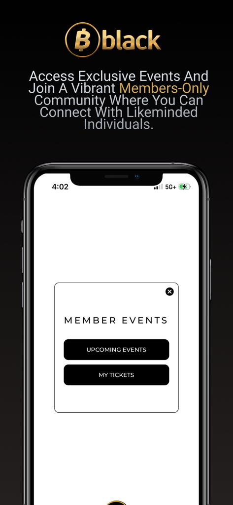 Interface of the bblack app showing the member events section with options for upcoming events and my tickets